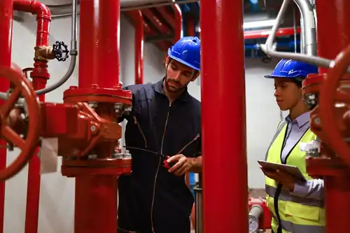 Technicians in hard hats inspecting red fire protection valves