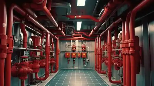 Fire suppression room lined with red piping and control valves