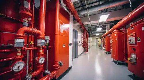 Corridor of red fire protection risers, valves and tanks