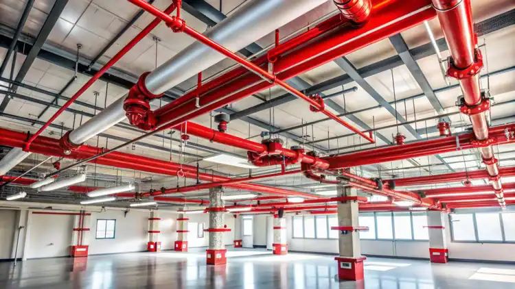 Red fire sprinkler piping running along a warehouse ceiling